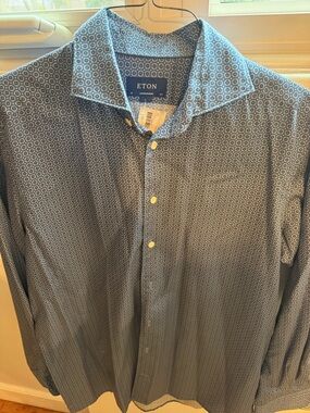 Eton Men's Blue Micro Geometric Button-Down Shirt. With Tags Never Worn.